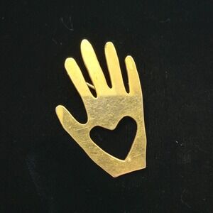 Vintage Unsigned Gold Tone Heart in Hand Cut Out Over 2 Inches Brooch Love